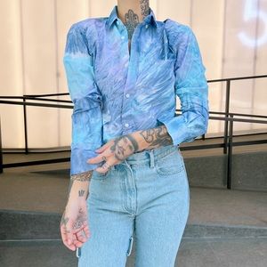 VSKA/Preowned Men’s Crinkled Texture Tie Dye Blue Purple White Button Down L